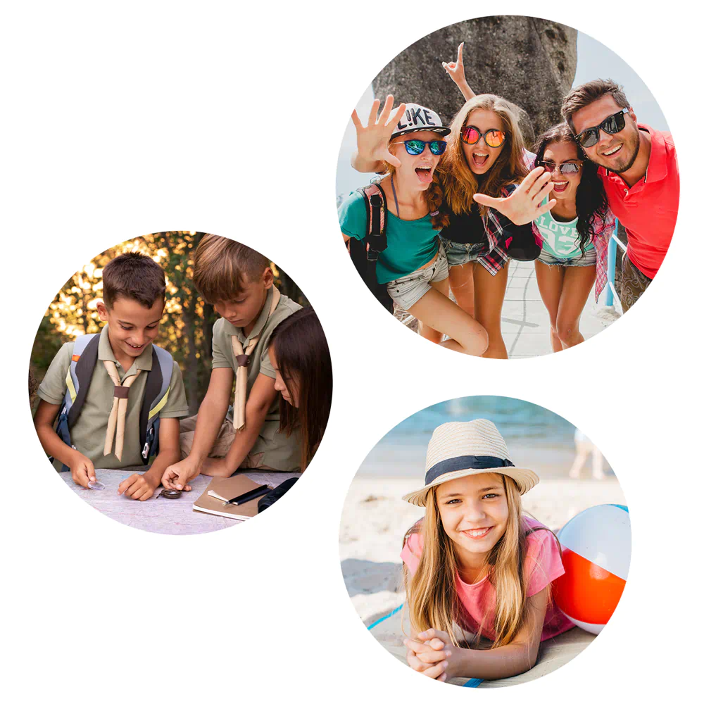 Dzieci i młodzież podczas wycieczki szkolnej: harcerze planują trasę, grupa nastolatków uśmiecha się do zdjęcia i dziewczynka odpoczywa na plaży – oferta wycieczek szkolnych i kolonii z Travel Well